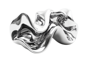 Abstract silver metallic sculpture with fluid, flowing lines and glossy finish, isolated on transparent background. png