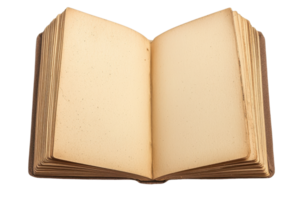 Open vintage book with blank pages, capturing a nostalgic, timeless essence. Perfect for backgrounds, themes of literature, and creativity. png