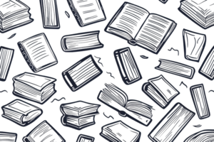 Seamless pattern of hand-drawn books scattered on a transparent background. Perfect for educational and literary-themed designs. png