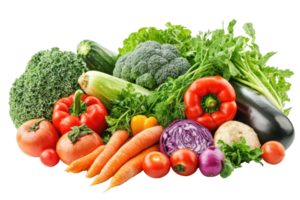 A colorful assortment of fresh vegetables including tomatoes, broccoli, carrots, lettuce, and bell peppers on a transparent background. png