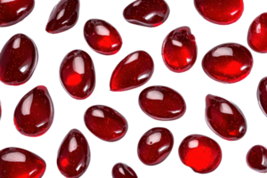 Close-up of red translucent gemstones arranged in a scattered pattern on a transparent background. perfect for jewelry or accessory-themed projects. png