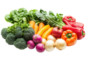 Assorted fresh vegetables including broccoli, spinach, carrots, peppers, onions, and tomatoes on a transparent background. for healthy eating concept. png