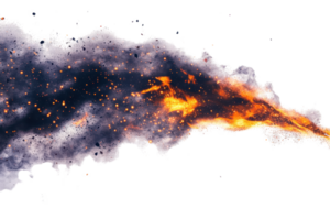 Dramatic fiery explosion with vibrant orange flames and dark smoke. Perfect for action, danger, or disaster concepts in media and design. png