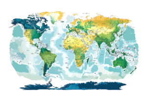 Colorful world map illustration showcasing continents, oceans, and geographical features in a creative artistic style. png