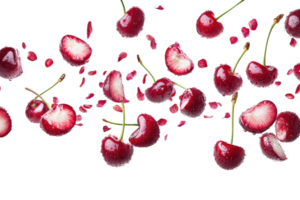 Fresh red cherries with stems isolated on transparent background. scattered with cherry halves and petals, vibrant and juicy, fresh fruit concept. png