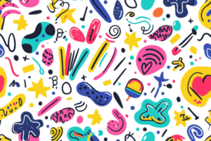 Vibrant abstract doodle pattern featuring colorful shapes and whimsical elements, perfect for creative backgrounds. png