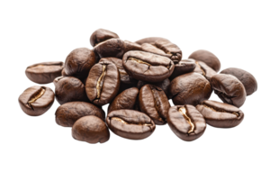 Close-up of roasted coffee beans in a pile, showcasing texture, color, and detail for use in coffee-related projects or designs. png