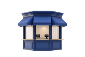 Blue kiosk with computers, suitable for a variety of commercial uses. Stands alone with a focus on the front display and canopy. png