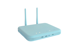 Blue Wi-Fi router with two antennas on white isolated background, illustrating modern wireless internet connectivity device for home and office. png
