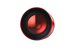Close-up of a red camera lens isolated on a transparent background. ideal for technology or photography-related projects. png