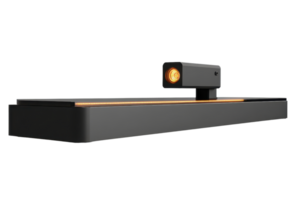 Modern black smart camera device with an orange indicator light on a sleek platform, isolated on a transparent background. png