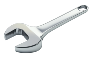 High-quality image of a silver metallic wrench, showing details and design perfectly. Useful for tool, construction, and maintenance-related visuals. png
