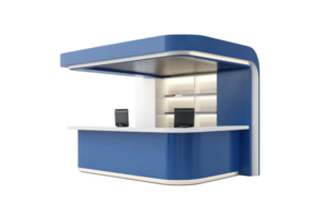 Modern blue and white reception desk in office setting with two computers, ideal for business and corporate environments. png