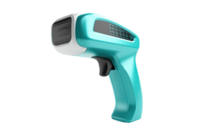 Modern handheld barcode scanner in turquoise color design. Essential tool for retail and inventory management efficiency. png