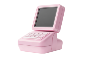 Pink retro-inspired mini computer with a small screen and keyboard, perfect for stylish and nostalgic tech enthusiasts. png