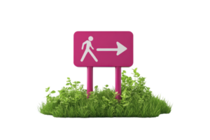 Pink pedestrian sign on green grass pointing right, symbolizing direction and guidance. Suitable for travel and navigation themes. png