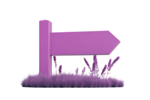 Purple 3D wooden signpost with grass. Directional guide for paths and routes. Ideal for travel, navigation, and nature themes. png
