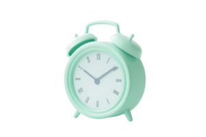 Vintage mint green alarm clock with classic design, isolated on transparent background. Perfect for time management and home decor concepts. png