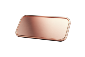 Rose gold rectangular metal plate with rounded corners, isolated on transparent background. Modern and sleek design element for various uses. png