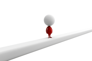 3D illustration of a minimalistic character walking on a thin white surface, with a plain background, symbolizing balance and simplicity. png