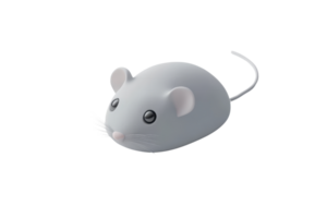 A cute 3D illustration of a gray mouse with black eyes and a long tail. Perfect for educational or playful design projects. png
