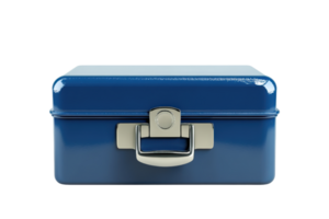 This stock photo features a close-up of a small blue metal storage box with a latch, isolated on a transparent background. png
