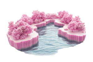 Surreal pink island landscape with vibrant trees and calm water, blending nature and fantasy in a unique and captivating scene. png