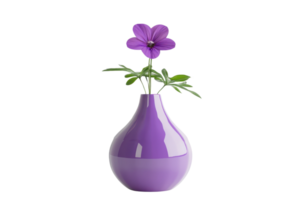 Elegant purple flower in a glossy vase, isolated on transparent background. Perfect for home decor, design inspiration, or floral themes. png
