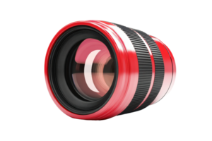 Close-up of a professional camera lens. High-quality photography equipment with a red and black design, ideal for photographers and enthusiasts. png