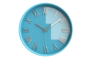 Modern blue wall clock with Roman numerals, clean design, and minimalistic aesthetic. Ideal for home or office decor, adding elegance and functionality. png