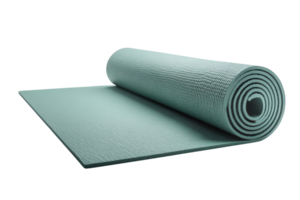 Rolled out yoga mat on transparent background. Ideal for fitness, exercise, and meditation purposes. Provides comfort and stability. png