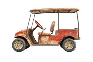 Rusty old golf cart with a weathered, vintage look and missing parts, isolated on transparent background. png