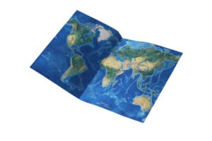 Open world atlas book displaying detailed geographical features of continents and oceans, ideal for educational and reference purposes. png