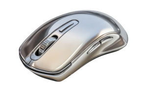 Sleek silver wireless computer mouse with ergonomic design for comfortable use, isolated on transparent background. Ideal for modern tech setups. png