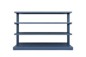 Empty steel shelf unit with four levels, perfect for storage, organization, and industrial use. Isolated on a transparent background. png