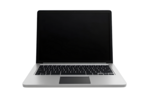 Modern silver laptop with blank screen. Perfect for presentations, design work, and computer-related projects. png