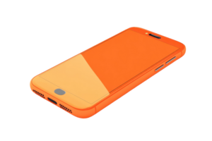 Close-up of a vibrant orange smartphone with a sleek design, showcasing its screen and side buttons. Perfect for technology-themed projects. png