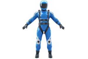 Front view of a blue spacesuit with a helmet, isolated on a transparent background. showcasing modern astronaut gear for space exploration. png