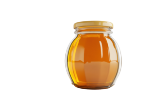 Glass jar filled with golden honey placed against a transparent background. showcasing its rich, natural color and inviting texture. png