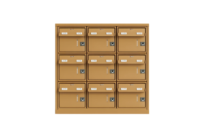 A grid of nine brown mailboxes with lockable compartments. Ideal for representing postal services, communication, and secure mail delivery. png