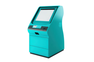 Modern turquoise self-service kiosk machine with touchscreen interface isolated on transparent background. for convenient customer service. png