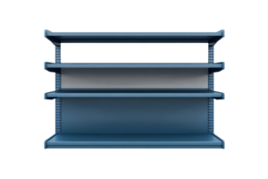 Empty blue retail shelves with three levels isolated on transparent background. ideal for product display and store design concepts. png