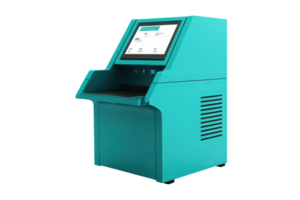 Modern turquoise self-service kiosk with touchscreen display, ideal for transactions, information retrieval, and customer service automation. png