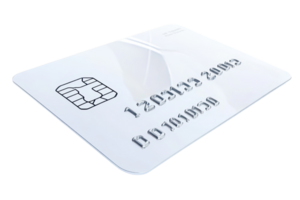 Close-up image of a blank white credit card with a chip. Ideal for financial services, banking, and payment illustrations. png