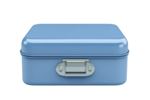 A closed blue metal box with a clasp on the front. Ideal for storing small items and organizational purposes in a minimalist design. png