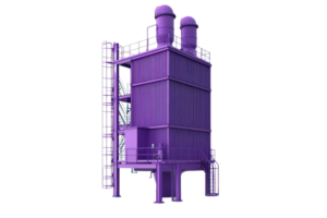 Purple industrial structure with pipelines and ladders used in manufacturing for chemical processing. Isolated on a transparent background. png