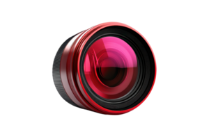 Close-up shot of a professional red camera lens with reflection, showcasing modern photography equipment and optics technology. png