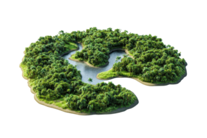 Aerial view of a lush, green island surrounded by a winding river, showcasing the beauty of nature and tranquility of an isolated environment. png