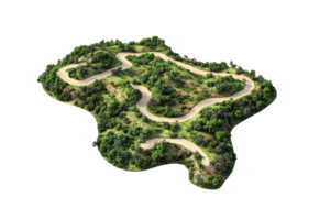 Aerial view of winding road in a lush green forest. Scenic landscape with curves and vegetation. Perfect for travel and nature concepts. png