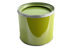 A metallic green paint can with an open lid displaying its vibrant color. Ideal for home improvement and decorative projects. png